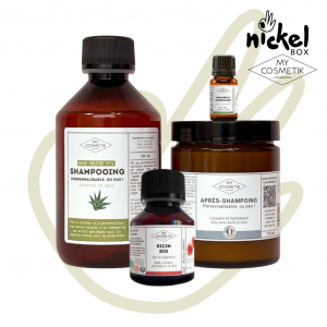 NickelBox 4 produits cheveux naturels : shampoing, après shampoing, huile de ricin et huile essentielle de Romarin